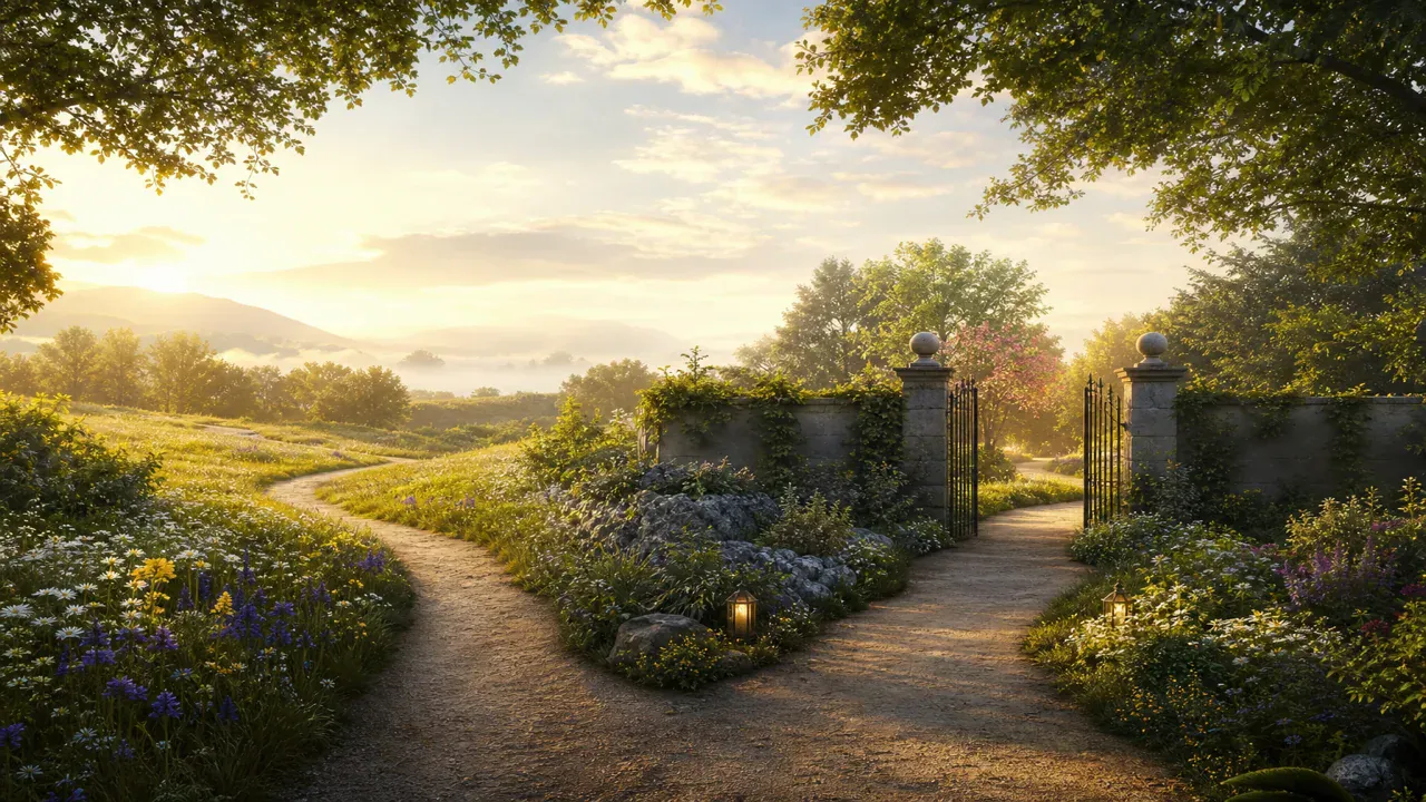 Editorial illustration of a path splitting between open meadow and gated garden with calm light on both sides