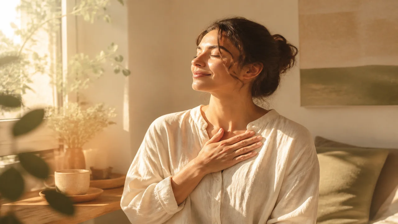 Scène éditoriale: mains adultes autour d'une lumière douce, soirée calme, sans texte