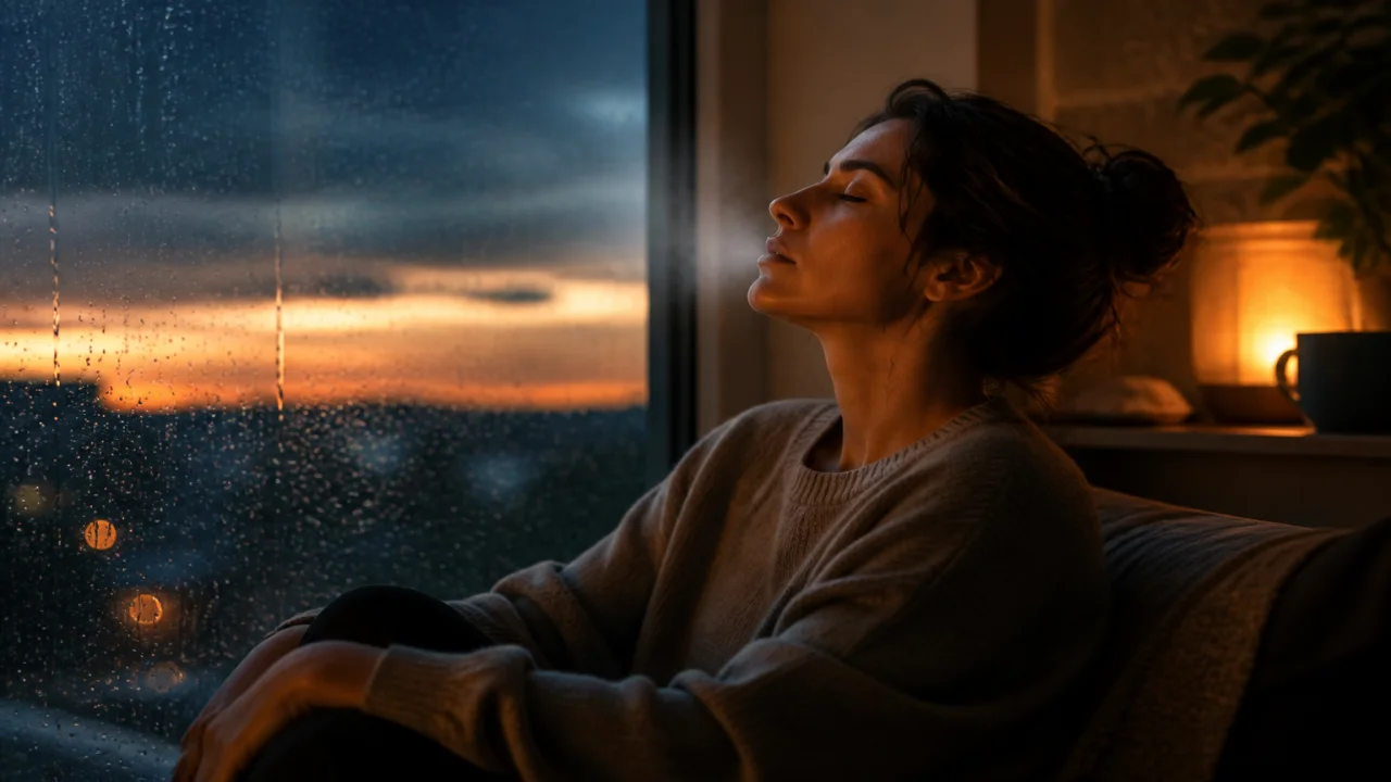 Adulto exhalando junto a ventana con lluvia, luz interior cálida, sin texto