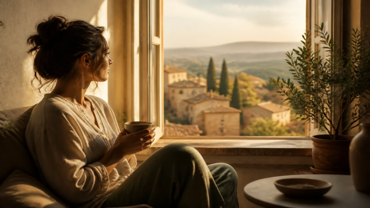 Persona seduta con luce morbida e respiro calmo, atmosfera serale, senza testo